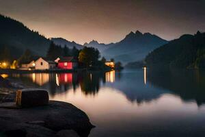 un lago y un casa en el montañas a noche. generado por ai foto