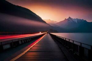 a bridge over a lake with a long exposure. AI-Generated photo