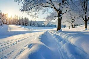 un Nevado la carretera con arboles y nieve. generado por ai foto