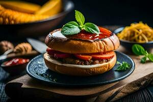 un hamburguesa con carne, queso y tomate en un lámina. generado por ai foto