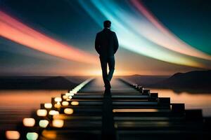 a man walking on a pier with a rainbow light trail behind him. AI-Generated photo