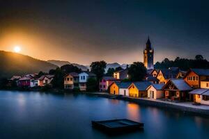 a village at sunset with a church tower in the background. AI-Generated photo