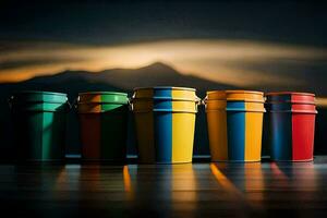 colorful buckets on a table with mountains in the background. AI-Generated photo