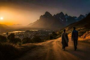 el Pareja es caminando en un la carretera en el medio de un montaña rango. generado por ai foto