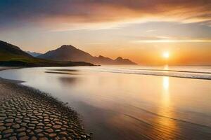 el Dom conjuntos terminado un playa y montañas. generado por ai foto