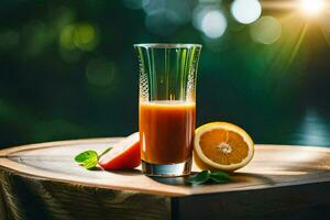 un vaso de naranja jugo en un de madera mesa. generado por ai foto