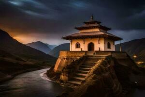 a small buddhist temple sits on the edge of a river. AI-Generated photo