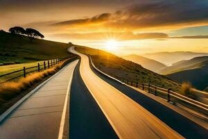 a winding road in the mountains with the sun setting. AI-Generated photo