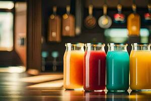 five different colored juices in glass bottles. AI-Generated photo