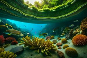 an underwater view of coral reefs and fish. AI-Generated photo