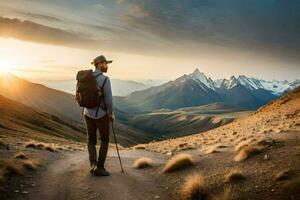 un hombre con un mochila y emigrar polos soportes en un suciedad la carretera en el montañas. generado por ai foto