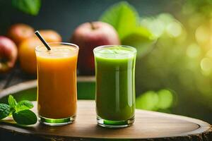 two glasses of juice with apples and oranges. AI-Generated photo