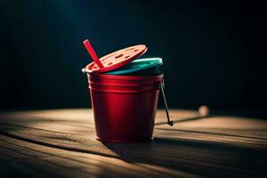 a red bucket with a straw in it. AI-Generated photo