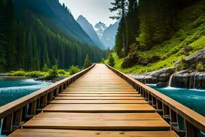 a wooden bridge leads to a mountain stream. AI-Generated photo