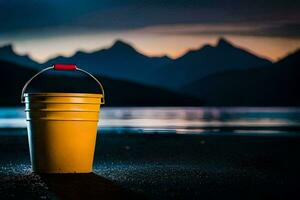 un amarillo Cubeta sentado en el playa a noche. generado por ai foto