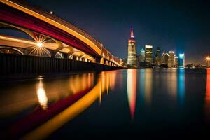 el ciudad horizonte es reflejado en el agua a noche. generado por ai foto