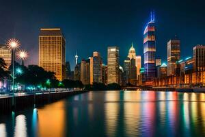 el chicago horizonte a noche. generado por ai foto