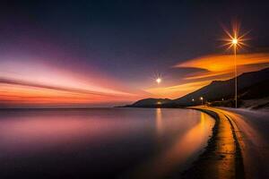 un largo exposición fotografía de el puesta de sol terminado el océano. generado por ai foto
