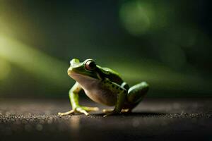 a frog is sitting on the ground with a green background. AI-Generated photo