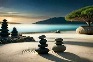 two stones are sitting on the sand near a tree. AI-Generated photo