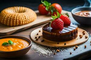 a dessert with strawberries and a cake on a wooden table. AI-Generated photo