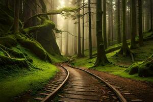 a train track in the forest with trees and moss. AI-Generated photo