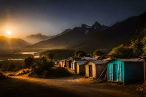 the sun sets over the mountains and huts in the background. AI-Generated photo