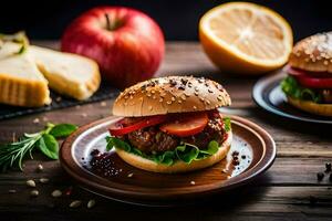 dos hamburguesas con manzanas y queso en un de madera mesa. generado por ai foto