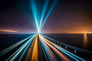 un largo exposición foto de un puente con ligero caminos. generado por ai