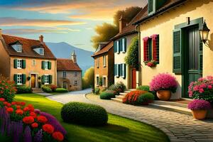 a painting of a street in a village with flowers and houses. AI-Generated photo