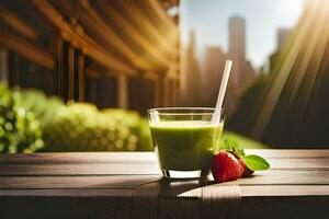 green smoothie with strawberries on wooden table. AI-Generated photo