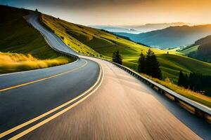 a winding road in the mountains with a sunset. AI-Generated photo