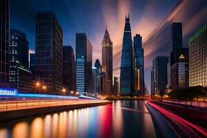 a city at night with lights on the buildings. AI-Generated photo
