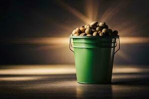 a bucket filled with nuts on a table. AI-Generated photo