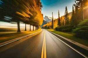 a blurry image of a road with trees and mountains. AI-Generated photo