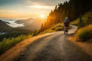 un persona montando un bicicleta en un montaña la carretera a puesta de sol. generado por ai foto