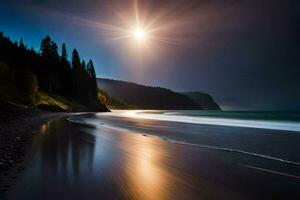 a full moon shines over the ocean at night. AI-Generated photo