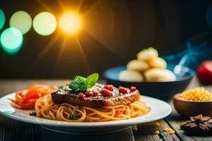 un plato de espaguetis con carne y vegetales en un de madera mesa. generado por ai foto