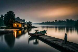 a man stands on a dock in front of a house on a lake. AI-Generated photo