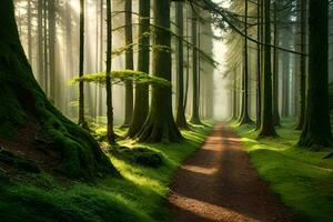 a path through a forest with trees and sunlight. AI-Generated photo