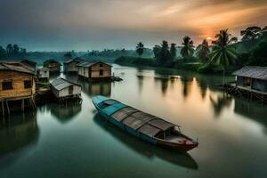 a boat sits on the water near a village. AI-Generated photo