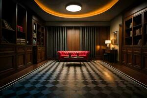 the lobby of a hotel with a red couch and black and white checkered floor. AI-Generated photo