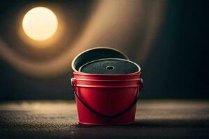 a red bucket with a black lid sitting on a table. AI-Generated photo