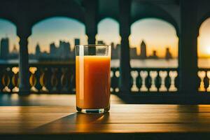 a glass of orange juice on a table in front of a city skyline. AI-Generated photo
