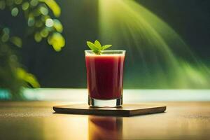 a glass of juice on a table in front of a green background. AI-Generated photo