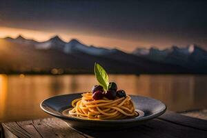 a plate of pasta with cherry and mountain view. AI-Generated photo