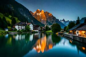 el pueblo de alpbach, Suiza, a puesta de sol. generado por ai foto