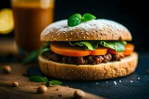 a hamburger with vegetables and a drink. AI-Generated photo