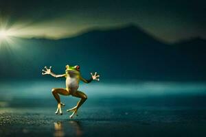 a frog jumping on the ground with its legs up in the air. AI-Generated photo