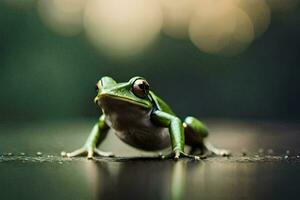a frog is sitting on the ground with a blurry background. AI-Generated photo